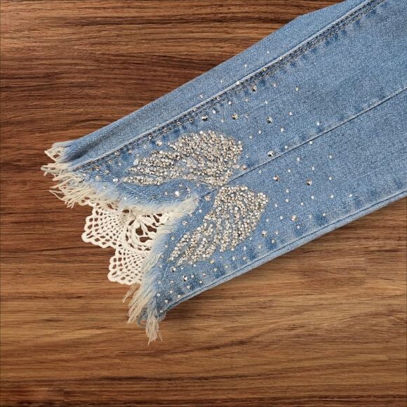 Denim Life Skinny Sparkle Angel Wings Eyelet Bottom Jeans - Picture 5 of 8